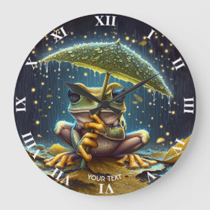 Fantasy Cute Umbrella Frog Rain Large Clock