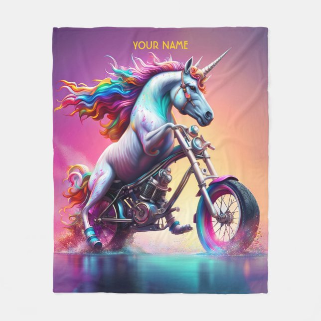 Fantasy Cute Unicorn Riding Bike Fleece Blanket (Front)