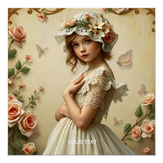 Fantasy Cute Victorian Girl Flowers Poster (Front)