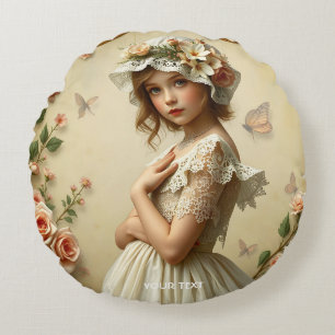 Fantasy Cute Victorian Girl Flowers Round Pillow