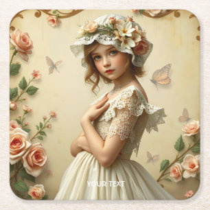 Fantasy Cute Victorian Girl Flowers Square Paper Coaster