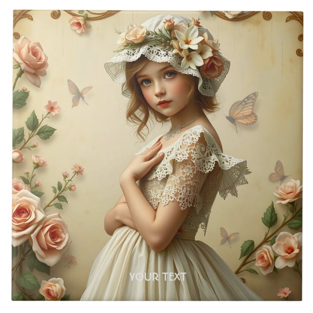 Fantasy Cute Victorian Girl Flowers Tile (Front)