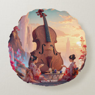 Fantasy Cute Violin Girls Tea Round Pillow