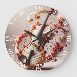 Fantasy Cute Violin Notes Flowers Large Clock