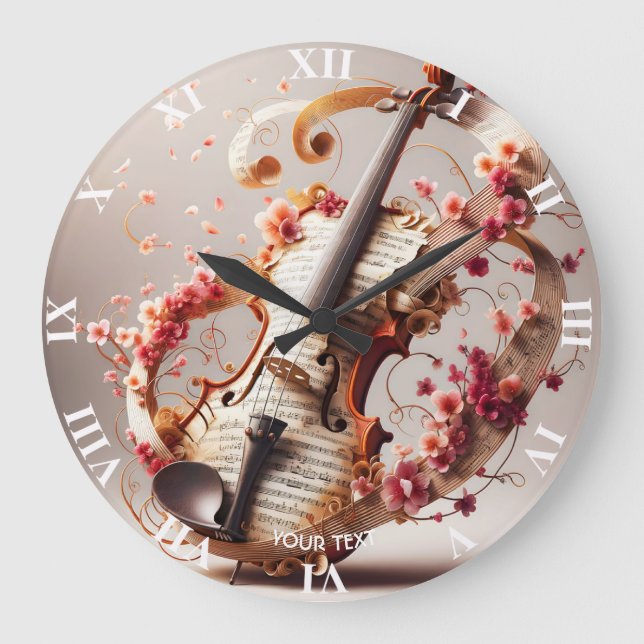 Fantasy Cute Violin Notes Flowers Large Clock (Front)