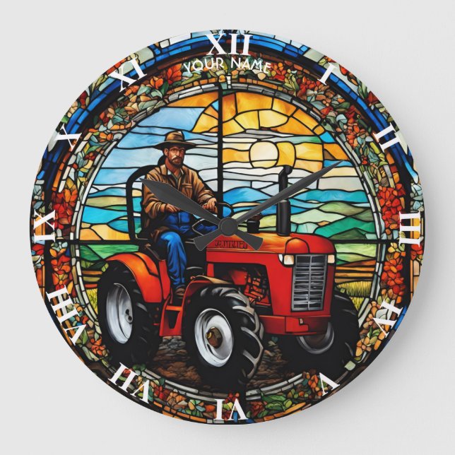 Fantasy Cute Vivid Farmer In Tractor Large Clock (Front)