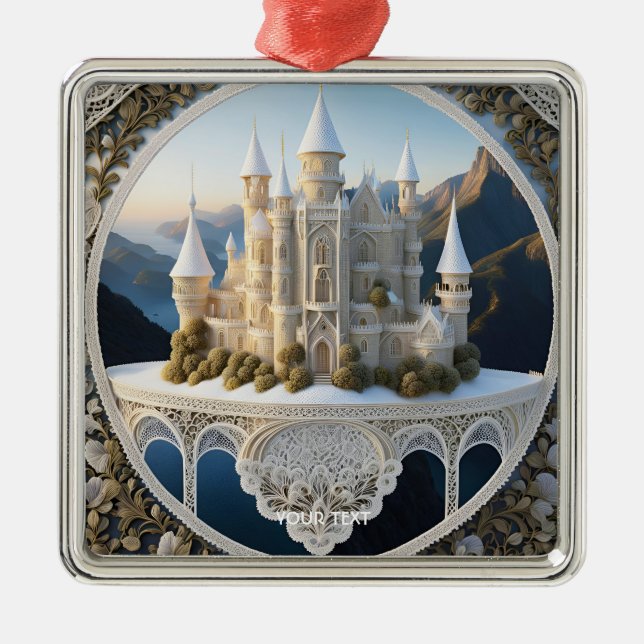 Fantasy Cute Vivid Filigree White Castle Metal Ornament (Front)