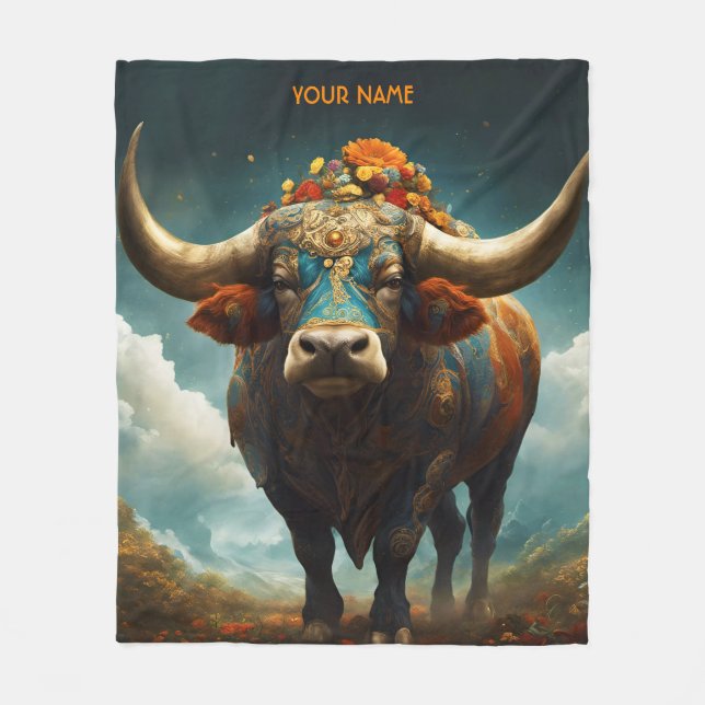 Fantasy Cute Vivid Flowers Majestic Bull Fleece Blanket (Front)