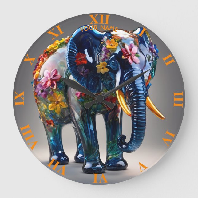 Fantasy Cute Vivid Glass Blown Elephant Large Clock (Front)