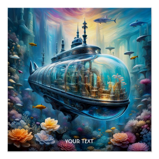 Fantasy Cute Vivid Glass Submarine Flowers Poster (Front)