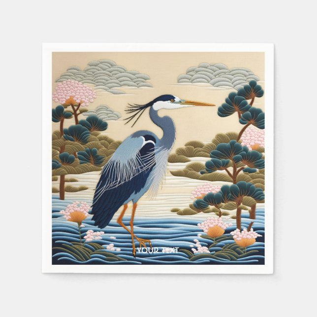 Fantasy Cute Vivid Japanese Heron Blue Napkin (Front)