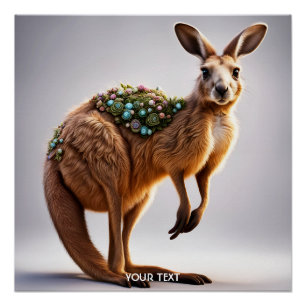 Fantasy Cute Vivid Kangaroo Portrait Flowers Poster
