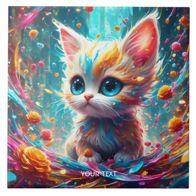 Fantasy Cute Vivid Kitten Colours Flowers Tile (Front)