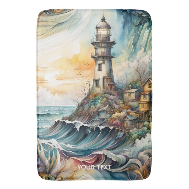Fantasy Cute Vivid Lighthouse Cartoon Storm Bath Mat (Front Vertical)