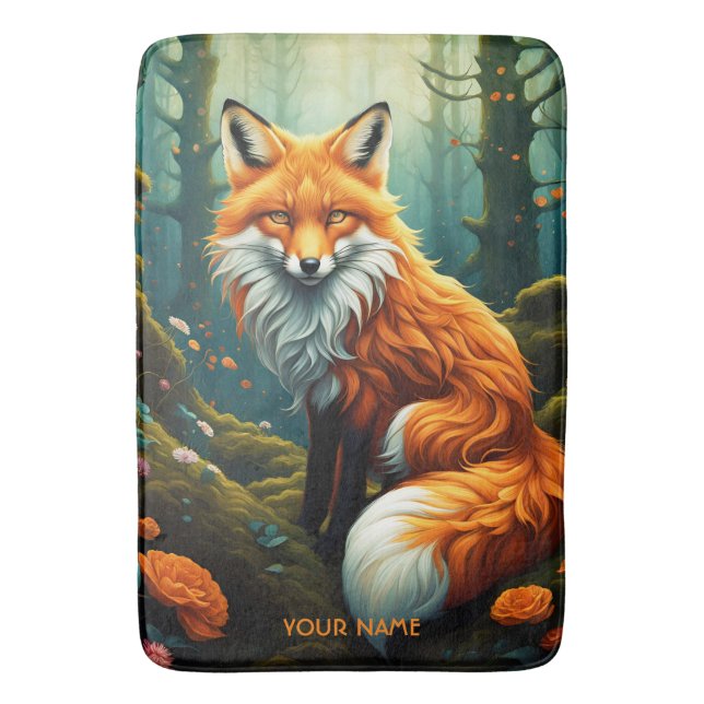 Fantasy Cute Vivid Majestic Fox Flowers Bath Mat (Front Vertical)