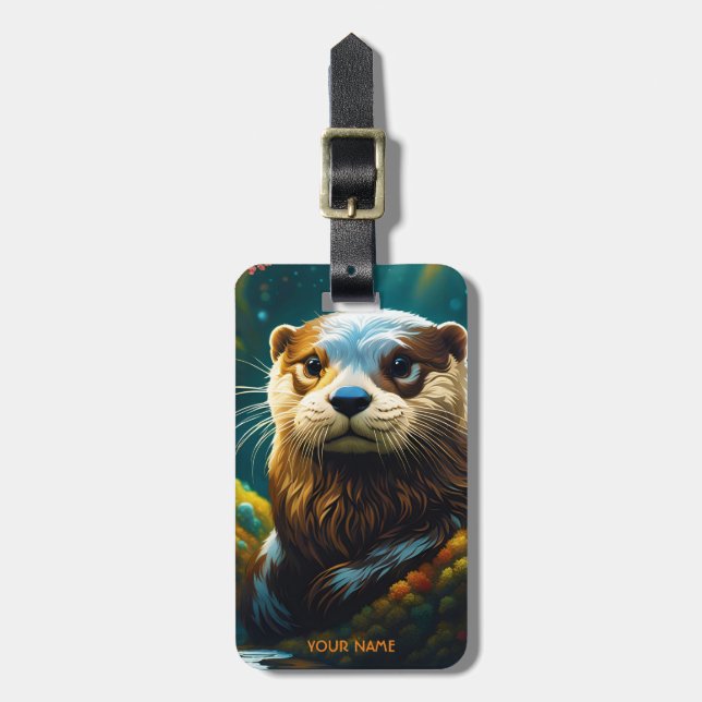 Fantasy Cute Vivid Majestic Otter Flowers Luggage Tag (Front Vertical)