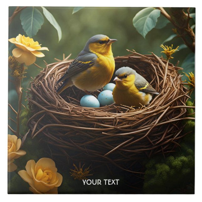 Fantasy Cute Vivid Nesting Finches Forest Tile (Front)