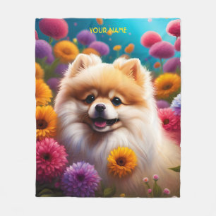 Fantasy Cute Vivid Pomeranian Baby Flowers Fleece Blanket