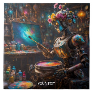 Fantasy Cute Vivid Robot With Paintbrush Tile