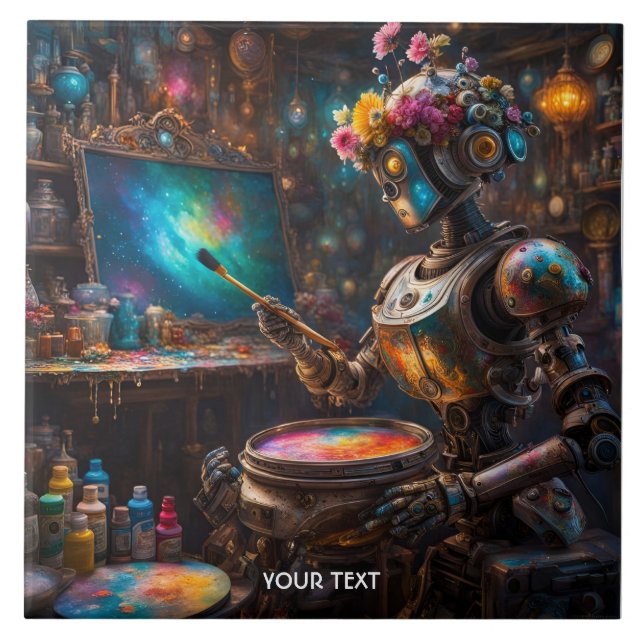 Fantasy Cute Vivid Robot With Paintbrush Tile (Front)