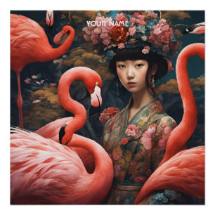 Fantasy Cute Vivid Romantic Girl Flamingo Poster
