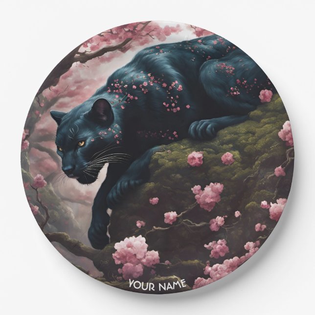 Fantasy Cute Vivid Romantic Panther Portrait Paper Plate (Front)