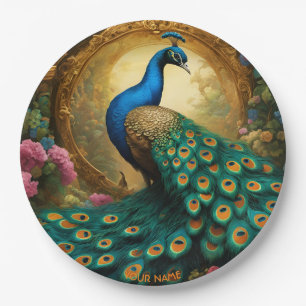 Fantasy Cute Vivid Romantic Peacock Portrait Paper Plate