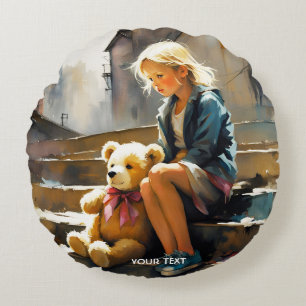 Fantasy Cute Vivid Sad Girl Bear Round Pillow