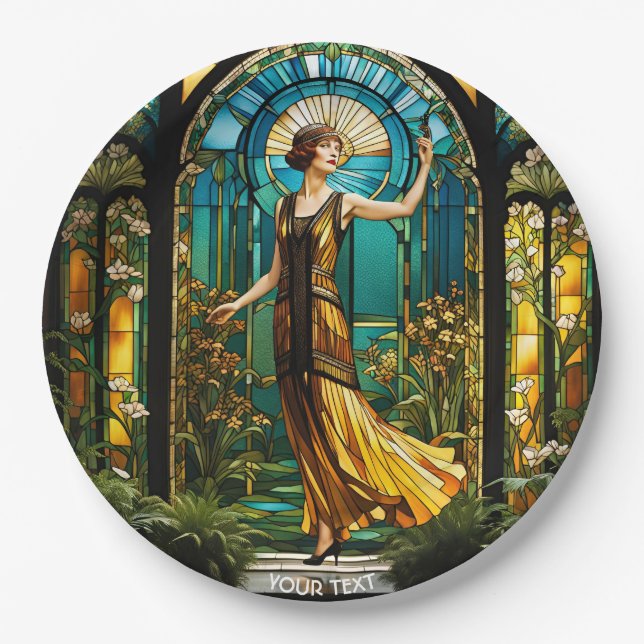 Fantasy Cute Vivid Stained Glass Woman Paper Plate (Front)