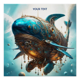 Fantasy Cute Vivid Steampunk Whale Sea Poster