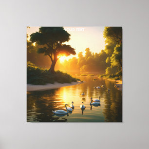 Fantasy Cute Vivid Swans Sunset Forest. Perfect As Canvas Print