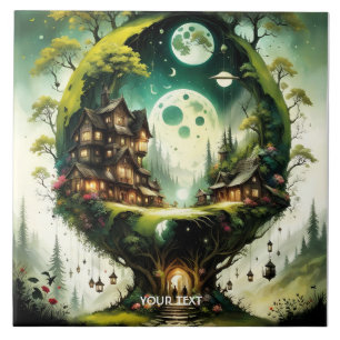 Fantasy Cute Vivid Tree House Moon Tile