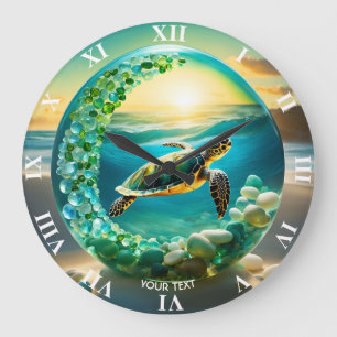 Fantasy Cute Vivid Turtle Sea Waves Large Clock