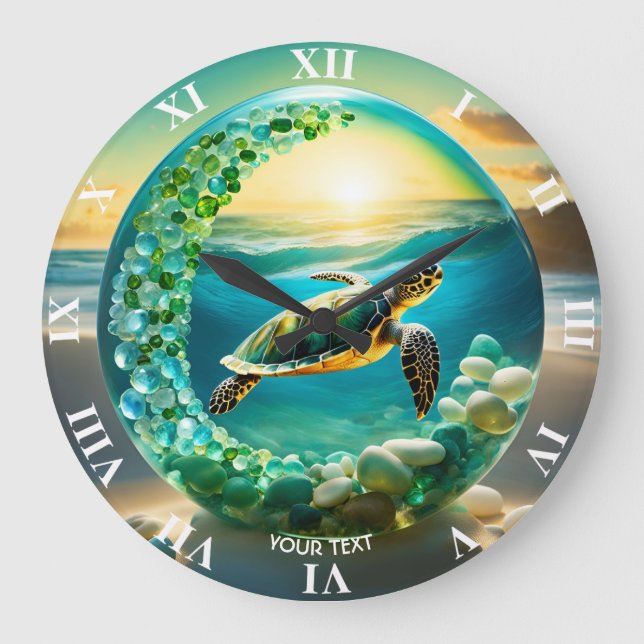 Fantasy Cute Vivid Turtle Sea Waves Large Clock (Front)