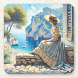 Fantasy Cute Watercolor Women Sea Square Paper Coaster