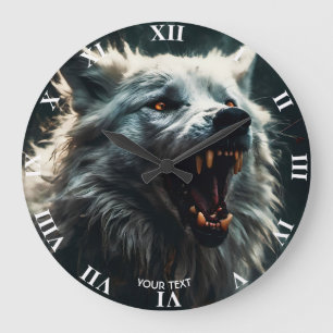 Fantasy Cute White Angry Wolf Large Clock
