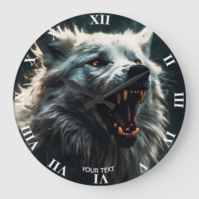Fantasy Cute White Angry Wolf Large Clock (Front)