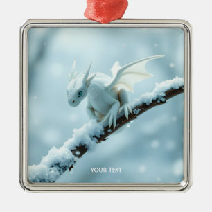 Fantasy Cute White Baby Dragon Metal Ornament