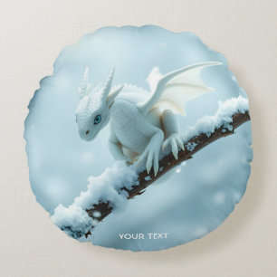 Fantasy Cute White Baby Dragon Round Pillow