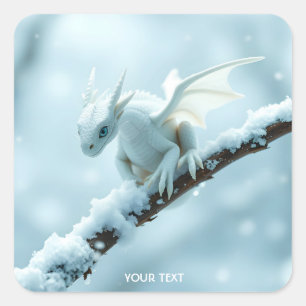 Fantasy Cute White Baby Dragon Square Sticker