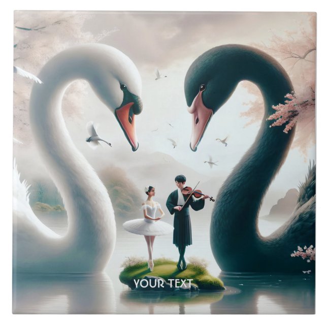 Fantasy Cute White Black Swans Tile (Front)