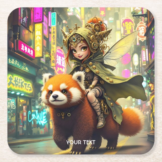 Fantasy Cute Wild Panda Ride Square Paper Coaster (Front)