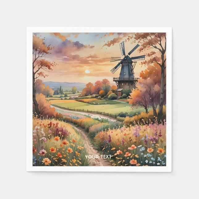 Fantasy Cute Windmill Flowers Field Napkin (Front)