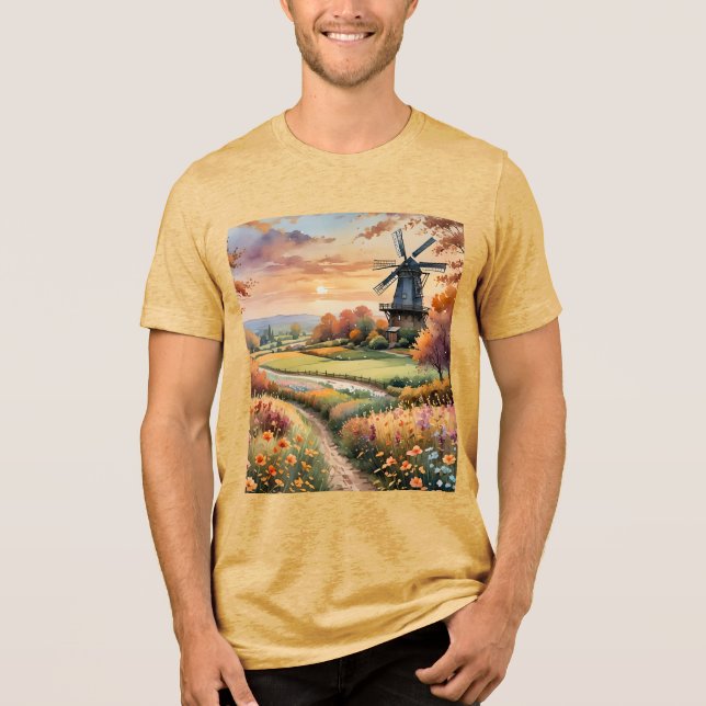Fantasy Cute Windmill Flowers Field Tri-Blend Shirt (Front)