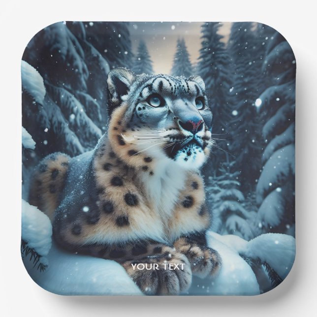Fantasy Cute Winter Snow Leopard Paper Plate (Front)