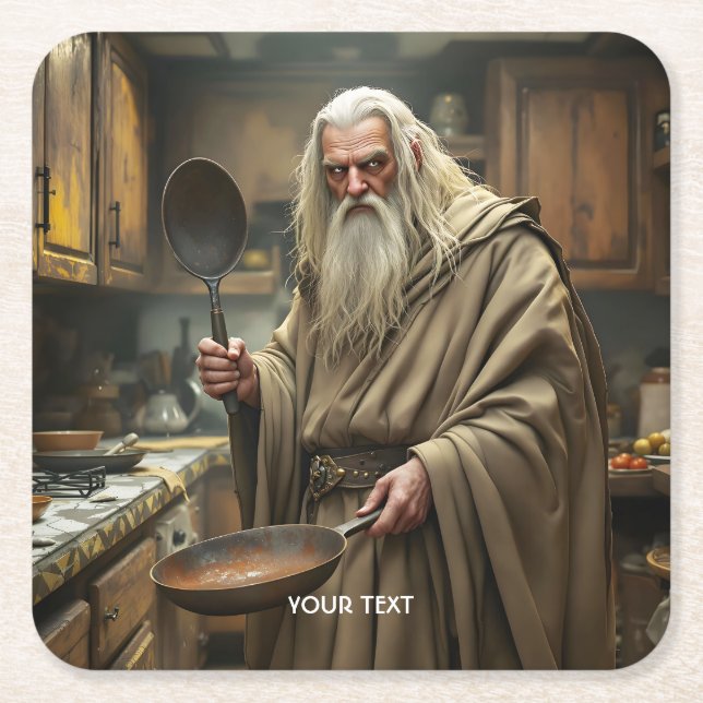 Fantasy Cute  Wizard Frying Pan Square Paper Coaster (Front)
