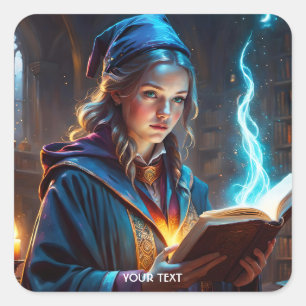 Fantasy Cute Wizard Girl Book Square Sticker