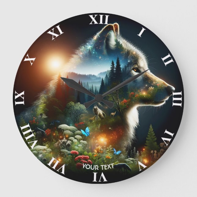 Fantasy Cute Wolf Double Exposition Large Clock (Front)