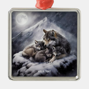 Fantasy Cute Wolf Family Winter Metal Ornament