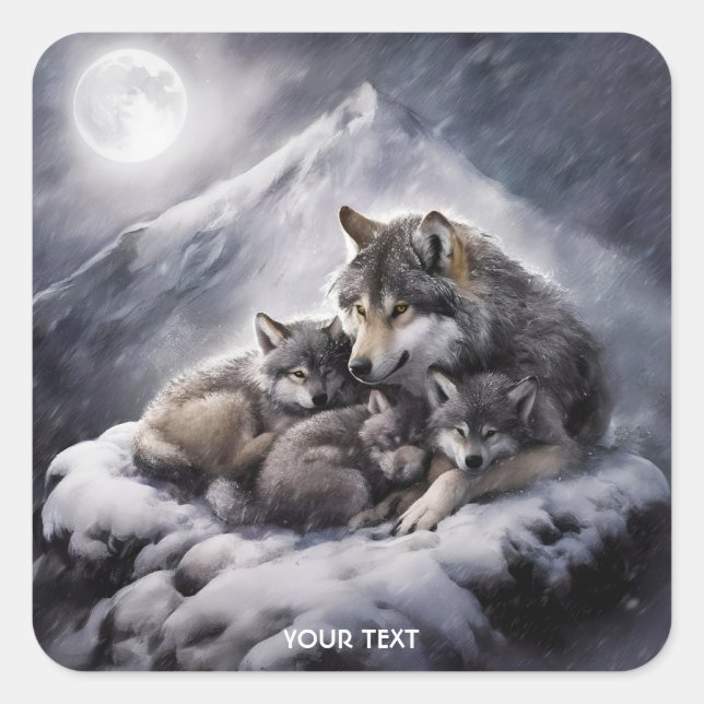 Fantasy Cute Wolf Family Winter Square Sticker (Front)